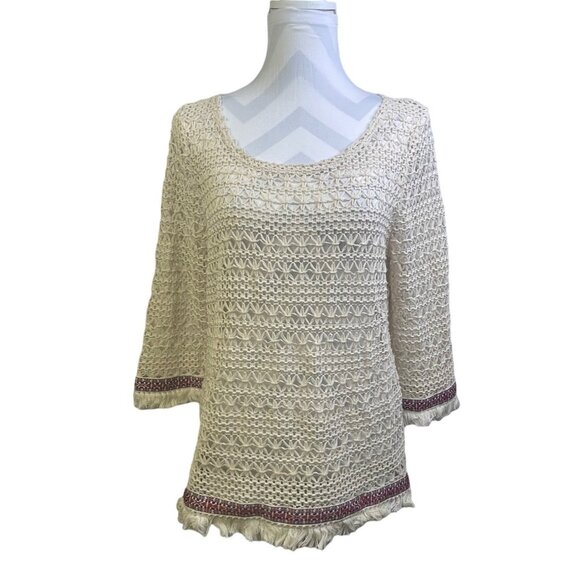 Umgee Crochet Knit Top  M Ivory  Aztec Print Hem Fringe - Picture 1 of 6